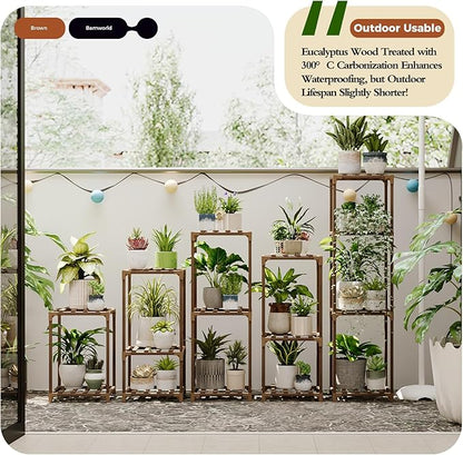 Bamworld 5 Sets Plant Stands Indoor Outdoor Combo Plant Shelves Wooden Plant Holder Rack for Multiple Plants Flower Stands for Living Room Balcony Garden Patio Lawn Window