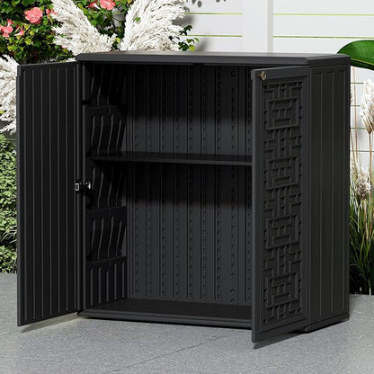 Outdoor Storage Cabinet Waterproof with Shelf,Resin Storage Sheds Outdoor Cabinets for tub Towels/Chemicals/Grill Items/Patio/Garden/Backyard, Size 34.3''L*15''W*36.2''H（Black）