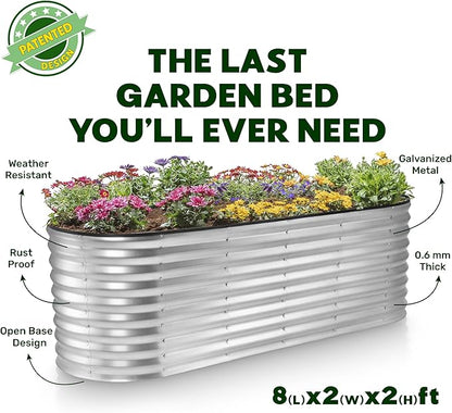 Plant & Plot Galvanized Raised Garden Beds Outdoor // 8×2×2 ft Planter Raised Beds for Gardening, Vegetables, Flowers // Large Metal Garden Box (Silver) // Patented Tool-Free Design