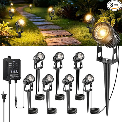 All-in-One Low Voltage Landscape Lighting Kit, 8 Pack Landscape Lights with Smart Transformer, Dimmable Waterproof Outdoor LED SpotLights, 24V LED Landscape Lights for Yard, Garden(Warm White)
