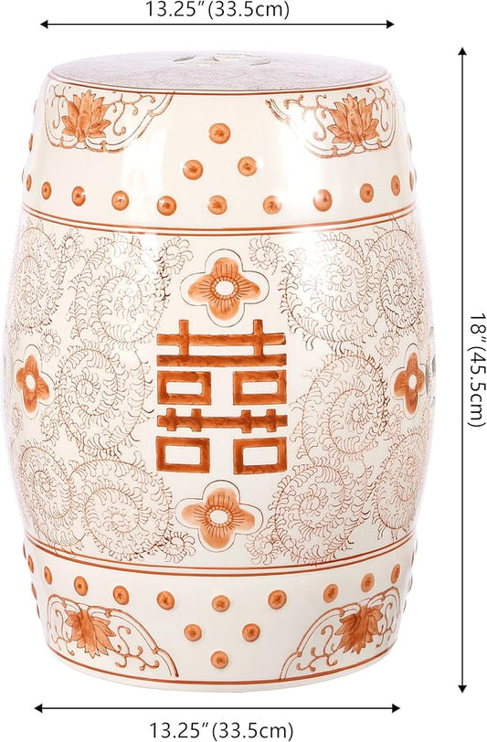 Decorative Garden Stool, 18-Inch Ceramic Drum in Orange and White