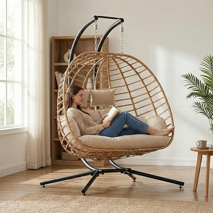 SWITTE Double Hanging Egg Chair with Stand, Outdoor Patio 2 Person Wicker Hammock Swing Chairs with Cushion Loveseat for Indoor Bedroom, Lawn, Garden-Beige