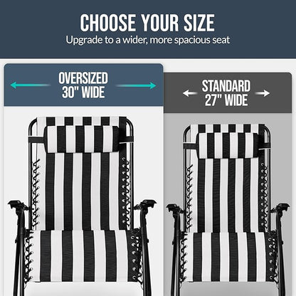 Best Choice Products Set of 2 Extra Wide Adjustable Steel Mesh Zero Gravity Lounge Chair Recliners w/Pillows and Cup Holder Trays - Black Stripes