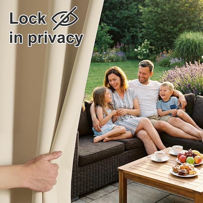 RYB HOME Outdoor Curtains for Patio Waterproof Block Sunlight Thermal Insulated Privacy Assured Thick Outside Curtains for Porch, Gazebo, Pergola, W84 x L84, Biscotti Beige, 1 Panel
