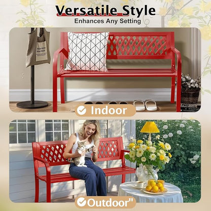 VINGLI 47'' Outdoor Bench, Weather Resistant Garden Patio Bench Powder Coated Iron Frame w/PVC Mesh Backrest Slatted Seat, 2-Person Outdoor Furniture for Front Porch Entryway Park (Red)