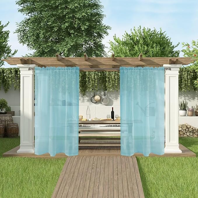 SpaceDresser Waterproof Outdoor Sheer Curtains for Patio - 2 Panels Rod Pocket Indoor Voile Sheer Curtain for Living Room,52W x 96L inch, Aqua