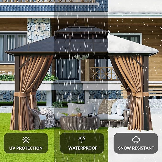 Aoxun 10'x12' Hardtop Gazebo, Aluminum Frame Permanent Pavilion with Netting and Curtains, Outdoor Polycarbonate Double Roof Canopy with Ceiling Fan, Designed for Lawn, Garden, Patio, Brown