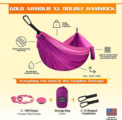 Gold Armour Camping Hammock - XL Double Hammock Portable Hammock Camping Accessories Gear for Outdoor Indoor with Tree Straps, USA Based Brand (Fuchsia and Pink)