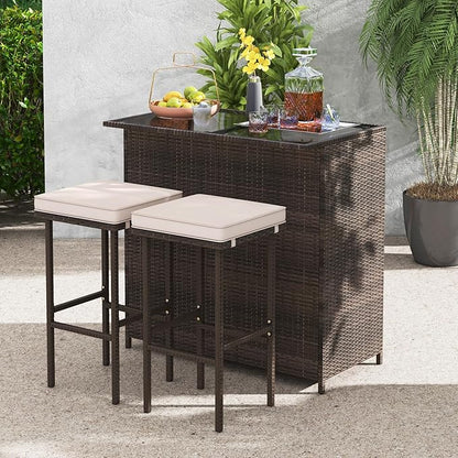 Tangkula 3 Piece Patio Bar Set, Outdoor Rattan Bar Table and 2 Stools with Tempered Glass Tabletop, 2-Tier Storage, Removable Cushions, Outside Wicker Conversation Set