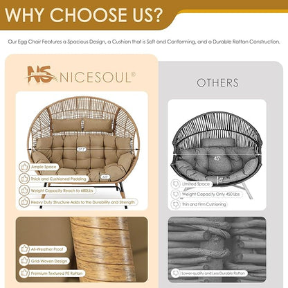 NICESOUL® Double Egg Chair Indoor Outdoor Stationary Oversized Thicken Padded Cushions,2 Person Egg Loveseat Chair, 680 lbs Extra Large Lounge Chair for Patio Balcony Porch Brown