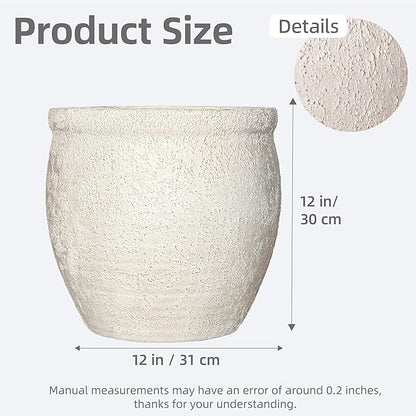 12" Dia Fiberstone Planter – Modern Farmhouse Indoor/Outdoor Flower Pot, Beige Container with Grainy Matte Texture & Built-in Drainage Hole | Decorative Pot for Patio, Porch, Garden