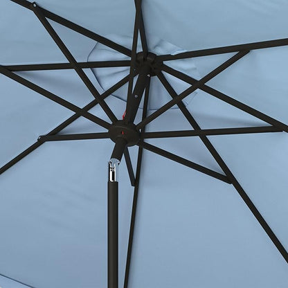 SAFAVIEH 9ft Outdoor Patio Umbrella, Round, Valance, Baby Blue & White Trim, Auto Crank Tilt, UV Resistant for Deck, Backyard, Poolside (PAT8006U)