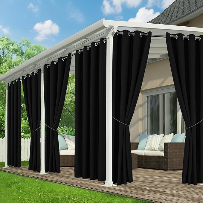Black Outdoor Curtains for Patio Waterproof - 6 Panels Privacy Weatherproof Outside Curtains with Grommets for Pergola, Gazebo, Porch, Cabana, Balcony, 54 x 84 Inch