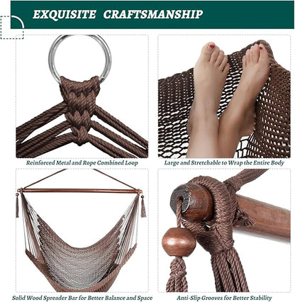 Caribbean Hammock Swing Chair with Spreader Bar, Large Hammock Chair, Hand Craft Rope Hanging Chair Outdoor, Indoor, Bedroom, 330 LBS Weight Capacity, Dark Brown