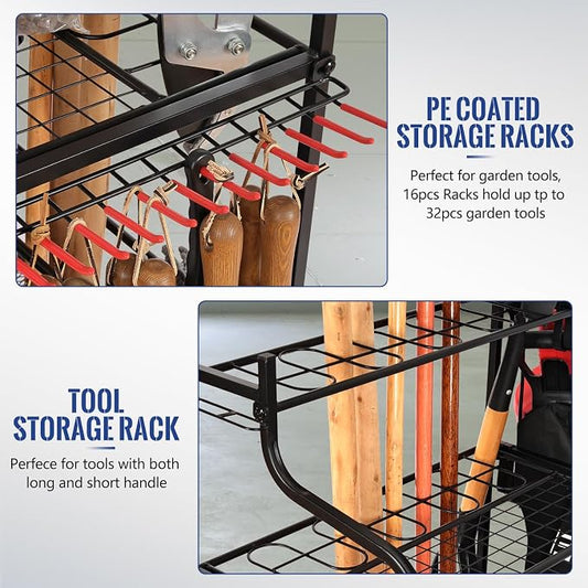 Storage Rack, Black Metal Yard Tool Tower with 3-Inch Wheels