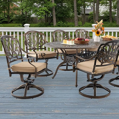 9-Piece Cast Aluminum Patio Furniture, Outdoor Dining Sets for 8 Include 87" Oval Patio Dining Table and 8 Swivel Chairs with Cushions & Umbrella Hole(Bronze)