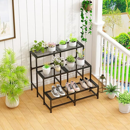 Garden 4 you 3 Tier Split Type Large Metal Plant Stand Stackable, Garden Display Shelf Flower Pot Holder Storage Organizer Rack for Indoor Home Outdoor Patio Balcony Yard( Black,Rectangle)