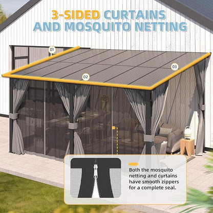 AECOJOY 14' x 8' Gazebo Outdoor Pergola, Hard Top Lean to 8x14 Gazebo with Curtains and Netting, Pergolas and Gazebos Clearance with Patio Roof, Large Wall-Mounted Heavy Duty Awnings for Patio, Decks