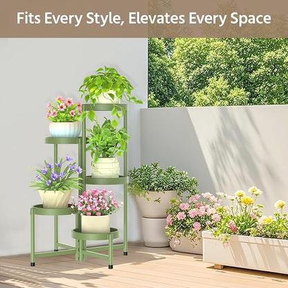 LASZOLA 5 Tiered Folding Plant Stand Indoor for Multiple Large Planter, Tall Heavy Duty Adjustable Rack with Rust Proof Plastic Shelving, Sturdy Vertical Tree Organizer for Narrow Inside Floor, Green