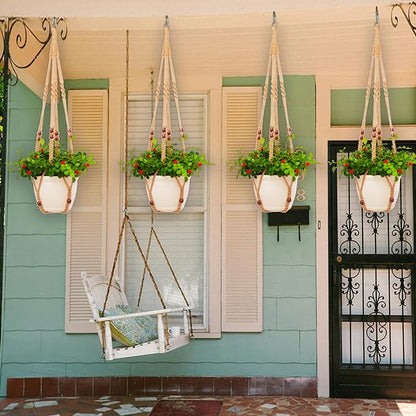Macrame Plant Hanger Indoor Set,Hanging Planters for Indoor Plants Outdoor,Hanging Plant Holder Basket Pot with 8 Hooks,Boho Home Decor Crochet Beads Window Ceiling,No Tassels 4 Pack,Brown