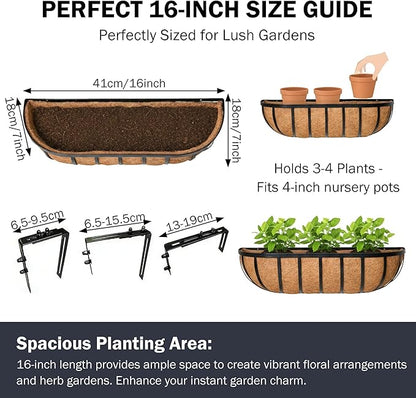 16“ Window Box Railing Planter with Coco Liner Metal Wall-Mounted Coconut Liner Planter Basket English Horse Trough Planters for Outdoor Deck Balcony Porch Fence Patio Black (2 Pack)