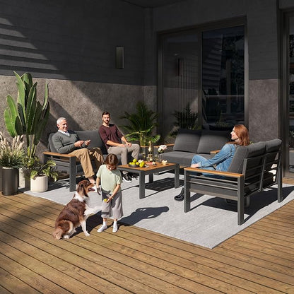 Aoxun Aluminum Outdoor Patio Furniture Set, 7 Seats Outdoor Sectional with Coffee Table, Patio Conversation Sets with Upgraded Armrests and Cushions for Backyard, Garden and Poolside（Dark Grey）