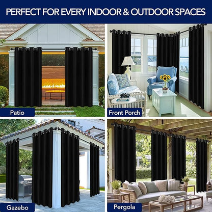 PureFit Outdoor Curtains for Patio Waterproof Weatherproof, UV Resistant Outside Curtains for Gazebo, Front Porch, Pergola, Sun Blocking Privacy Curtain, 52W x 120L inch, 1 Panel, Black