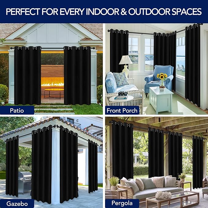 PureFit Outdoor Curtains for Patio Waterproof Weatherproof, UV Resistant Outside Curtains for Gazebo, Front Porch, Pergola, Sun Blocking Privacy Curtain, 52W x 95L inch, 1 Panel, Black