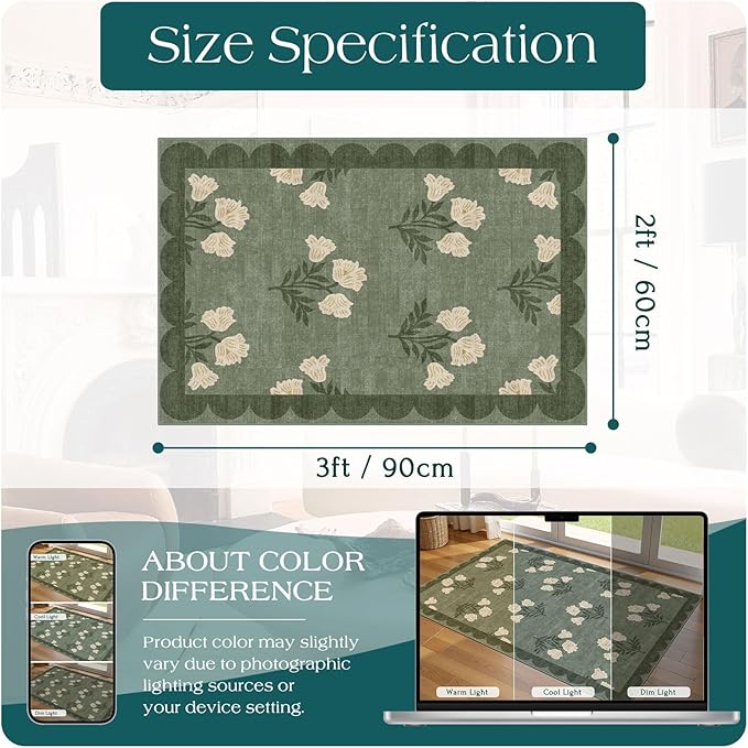 Outdoor Rugs Sage Green Floral Door Mat, 2 x 3 Ft Polyester