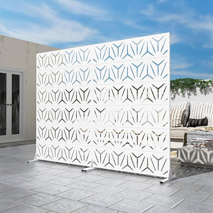 Casaphoria Metal Privacy Screen Outdoor, 72" H x 47" W Freestanding Decorative Privacy Screen for Patio Deck Balcony Garden with Stable Base, White-Star