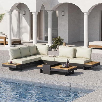 homary 6 Piece Aluminum & Teak Outdoor Sofa Set, Patio Sofa Seat L-Shaped Outdoor Sectional Sofa Set with Adjustable Backrests, Waterproof, Fade Resistant Cushions Ideal for Patios & Balconies,Beige