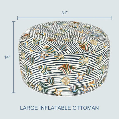 LVTXIII Indoor/Outdoor Extra Large Inflatable Ottoman Pouf D31 x H14 Inch, Round Footstool with Handle, Weather-Resistant Portable Furniture for Patio, Camping, Beach, Cabana Shells