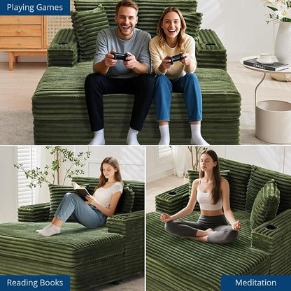 GarveeHome Oversized Chaise Lounge Chair Indoor, 56x60 in Comfortable Corduroy Lounge Sofa with Charging Ports & Cup Holders, Cozy Reading Couch for Bedroom Living Room Apartment, Green