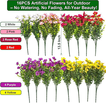 Artificial Fake Flowers for Outdoor Decoration, 16 Bundles Faux Silk Colorful UV Resistant Realistic for Outside Porch Patio Home Yard Garden Planters Pots Window Box (Mix(6 Color))