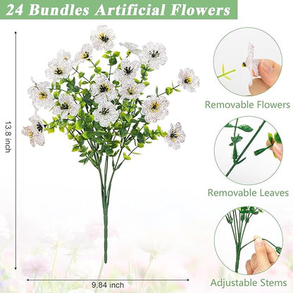 Bassion Artificial Flowers for Outdoors, 24 Bundles UV Resistant Fake Flowers Realistic Silk Faux Plants for Outdoor Planter Window Box Porch Patio Garden Home Outside Decorations