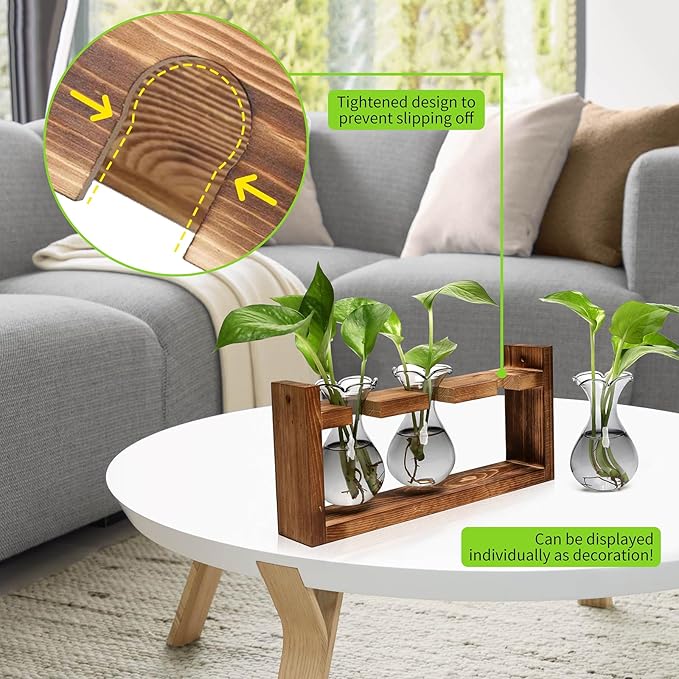 Terrarium Propagation Station with 3 Gray Glass Bulbs and Wooden Stand