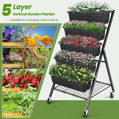 SEJOV 5-Tier Raised Garden Bed, 4FT Vertical Garden Planter with Storage Rack and Lockable Caster Wheels, Indoor Outdoor Raised Planter Box with Drainage System for Vegetables, Flowers, Herbs, Black