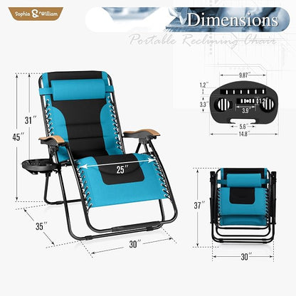 Zero Gravity Recliner Chair, Oversized XXL, Padded, Aqua, Foldable