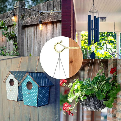 12 PCS Q-Hanger Hooks, Screw Hooks for Outdoor String Lights, Safety Buckle Design Cup Eye Hook for Hanging Christmas Lights, Plants, Wind Chimes, Mounted on Wall Ceiling, Windproof, Gold