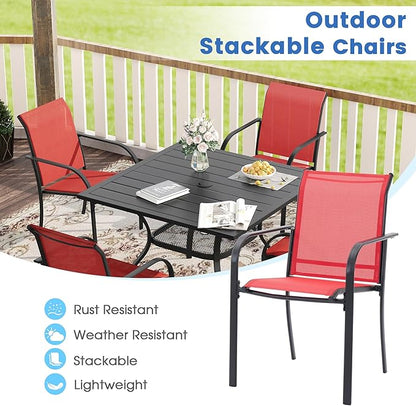 VICLLAX Patio Dining Set for 6, Outdoor Furniture Set Includes 63" Rectangle Patio Table and 6 Patio Sling Chairs, Outdoor Table and Chairs for Outsides, Black Tabletop and Red Fabric