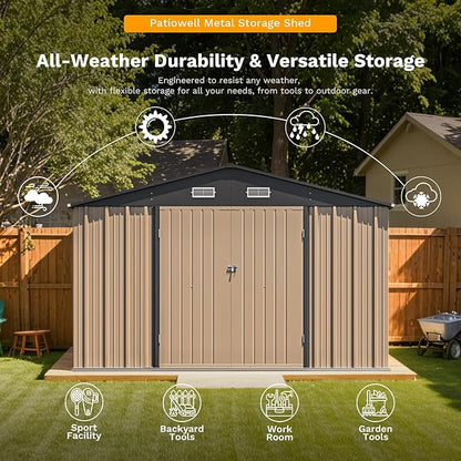 Patiowell 10 x 12 FT Metal Storage Shed for Outdoor with Floor Frame, Steel Yard Shed with Design of Lockable Doors, Utility and Tool Storage for Garden, Backyard, Patio, Outside use,Brown