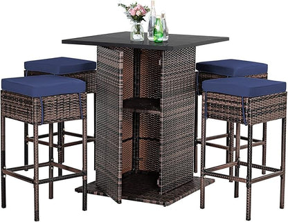 Tangkula 5 Piece Outdoor Rattan Bar Set, Patio Bar Furniture with 4 Cushions Stools and Smooth Top Table with Hidden Storage Shelf, Outdoor Conversation Set for Poolside, Backyard, Lawn (Navy Blue)