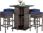 Tangkula 5 Piece Outdoor Rattan Bar Set, Patio Bar Furniture with 4 Cushions Stools and Smooth Top Table with Hidden Storage Shelf, Outdoor Conversation Set for Poolside, Backyard, Lawn (Navy Blue)