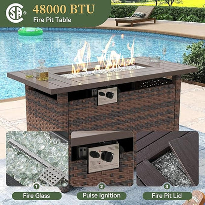 Aoxun 7 Piece Patio Furniture Set with Wide Armrests & 44” Fire Pit Table Wicker Rattan Outdoor Sectional Sofa Set with Coffee Table and Thick Cushion, Khaki (Waterproof Cover Included)