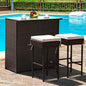 Tangkula Patio Bar Set, 3 Piece Outdoor Rattan Wicker Bar Set with 2 Cushions Stools & Glass Top Table, Outdoor Furniture Set for Patios Backyards Porches Gardens Poolside (Beige)