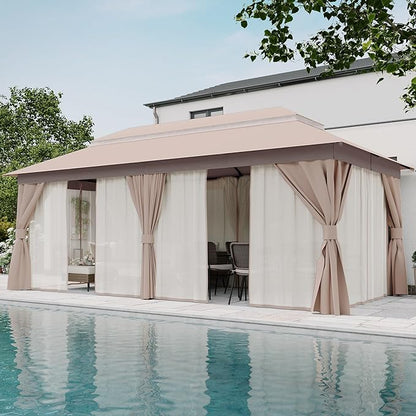 LAUSAINT HOME Semi-Permanent Outdoor Patio Gazebo 10'x20', Heavy Duty Party Tent Shelter with Double Roofs, Mosquito Nettings and Privacy Screens for Backyard, Garden, Lawn, Khaki