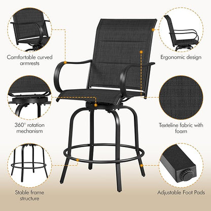 Yaheetech 2 Piece Patio Swivel Bar Stools Texteline Bistro Chairs with High Back/Armrest/Footrest, All Weather Padded Seating Outdoor Furniture Height Outdoor Chairs for Outside, Lawn & Garden