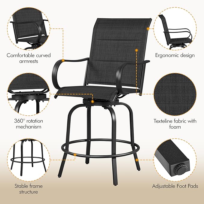 Yaheetech 6 Piece Patio Swivel Bar Stools Texteline Chairs with High Back/Armrest/Footrest, All Weather Padded Seating Outdoor Furniture Height Outdoor Chairs for Outside, Lawn & Garden