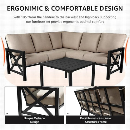 NATURAL EXPRESSIONS 6 Pieces Patio Furniture Sets,Outdoor Furniture Sets Metal Patio L Shape Sectional Couch Sofa Conversation Sets with 6.5" Shale Cushions,HighBack Hand-Brush Black Frame
