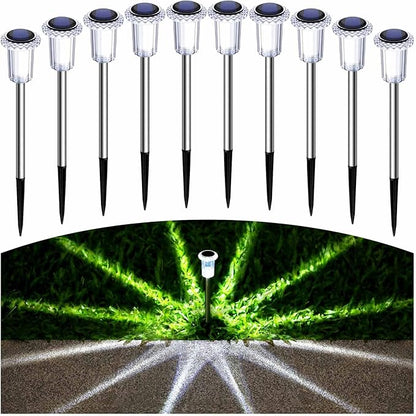 Solar Pathway Lights 10 Pack Christmas Solar Lights Outdoor Waterproof 6000K Cold White Yard Lighting, LED Stainless Steel Stake for Garden Outside Landscape Lawn Driveway Walkway Path